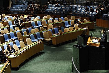 A few U.N. delegates listen to Iranian President Mahmoud Ahmadinejad speak at the General Assembly. Many delegations walked out of the chamber when Ahmadinejad started his address, which was in large part a rant against Israel and capitalism.