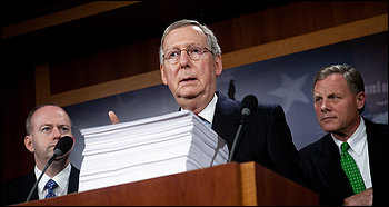 Senate Minority Leader Mitch McConnell (R-Ky.), along with Sens. George LeMieux (R-Fla.), left, and Richard Burr (R-N.C.) speaks at a news conference regarding the Senate's health-care bill.