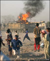 British military vehicle on fire