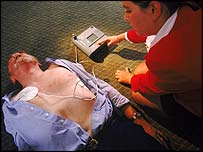 Man being treated with a defibrillator